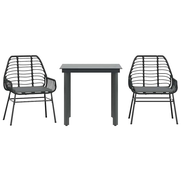 vidaXL Ensemble à manger de jardin et coussins 3 Pièces noir rotin verre