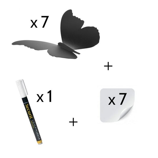 7 ardoises murales silhouette 3D noire modèle Papillon + 1 feutre-craie - Décoration murale ardoise décorative