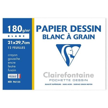 CLAIREFONTAINE - Pochette dessin - Papier a grain P.E.F.C - 21 x 29,7 - 12 feuilles - 180G - Couleur blanche