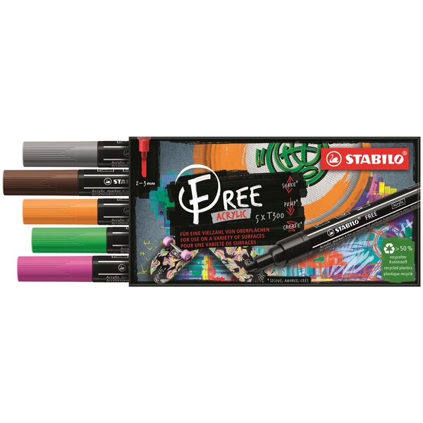 Etui carton 5 marqueurs pointe moyenne FREE acrylic T300 Set 3 'Vintage' STABILO
