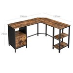 Bureau d'angle table en forme de l avec caisson à dossiers suspendus 2 étagères bureau à domicile montage facile cadre en acier style industriel marron rustique et noir 12_0001336