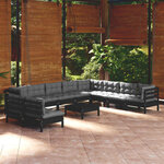 vidaXL Salon de jardin 11 Pièces avec coussins Noir Bois de pin solide