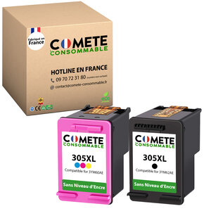 COMETE - 305XL - 2 cartouches d'encre compatibles pour HP 305 XL sans puces  fabriqué en France