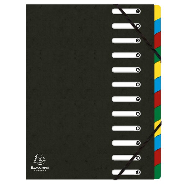 Trieur Harmonika® À Fenêtres Avec Élastiques Véritable Carte Lustrée 12 Compartiments - Noir - X 6 - Exacompta