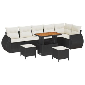 Ensemble de 9 pièces de canapés de jardin avec coussins Noir Poly Rattan Acacia