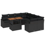 vidaXL Ensemble de salle à manger de jardin 9 pièces avec coussins – Poly Rattan Noir et Acacia