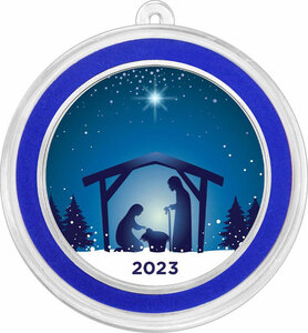 Pièce de monnaie en Argent g 31.1 (1 oz) Millésime 2023 Christmas Ornaments JESUS IN MANGER BLUE