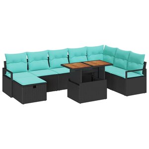 vidaXL Ensemble de canapé de jardin avec coussin 9 Pièces Noir Poly rotin