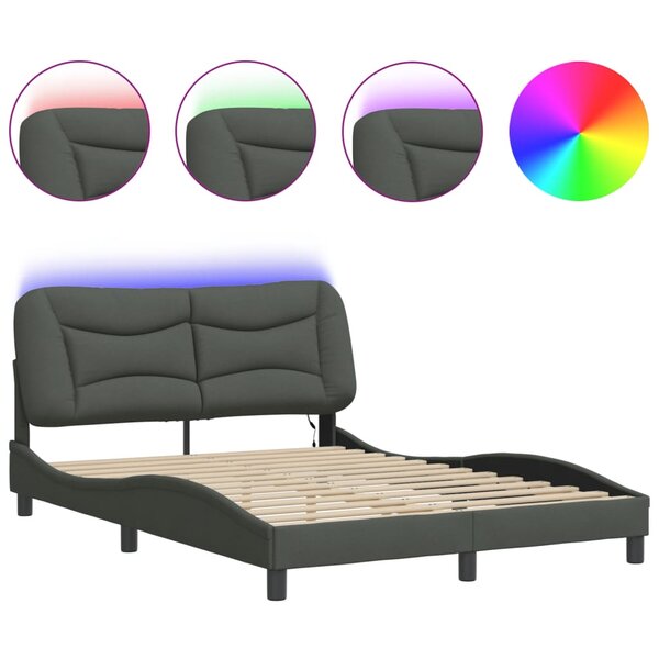 vidaXL Cadre de lit avec lumières LED gris foncé 140x190 cm tissu