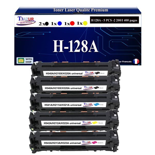 T3AZUR - 5x Toners compatibles avec 128A pour HP LaserJet Pro CP1525 CP1525 CP1525N CP1525NW CP1526NW CP1527NW CP1528NW - Magenta