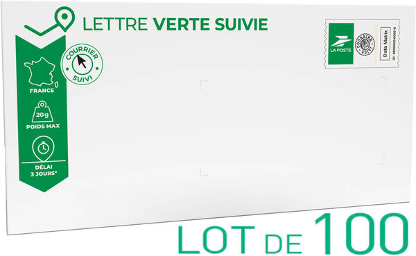 Prêt-à-Poster - Lettre verte suivie - 20g - Enveloppes en lot de 100