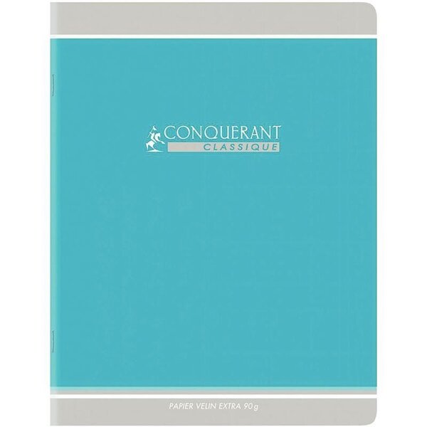 Cahier piqûre 96 pages seyès  papier 90 g  couverture en carte recyclée bleue  format 24 x 32 cm CONQUERANT
