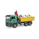 BRUDER - Camion MAN TGS de transport avec grue, 3 trois conteneurs a verre et poubelles