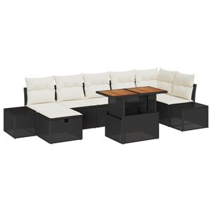 vidaXL Ensemble de salle à manger de jardin 8 pièces avec coussins Noir Poly Rotin Acacia
