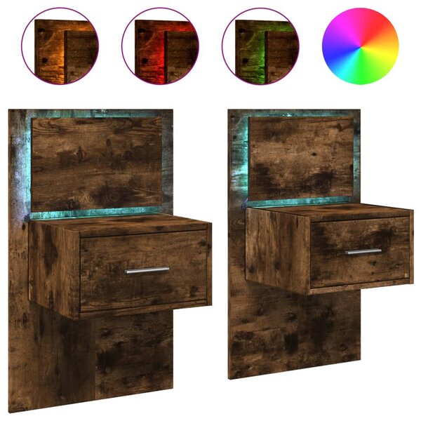 vidaXL Tables de chevet murales avec lumières LED 2 Pièces chêne fumé