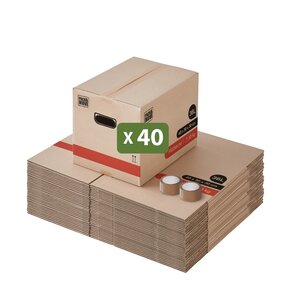 Pack and Move - Lot 40 Cartons Déménagement Livres Premium - 40 X 30 X 30 Cm - Extrême Résistance 30 KG - Poignées Renforcées - 2 Adhésifs Offerts