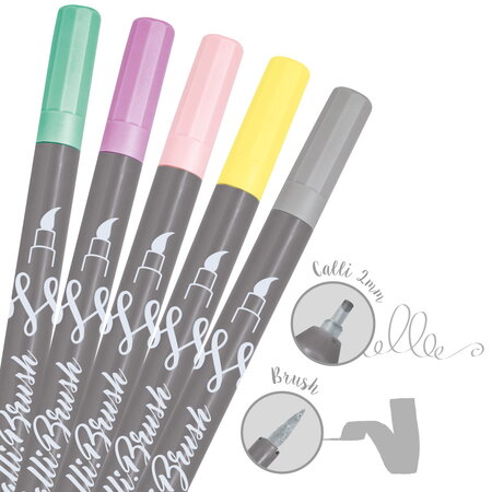 5 stylos-pinceaux 1 pointe de calligraphie et pointe pinceau - couleurs pastel
