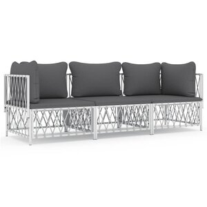 vidaXL Salon de jardin avec coussins 3 Pièces blanc acier