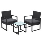 Salon de jardin extérieur ensemble de 3 meubles de jardin surface tressée pour balcon terrasse montage facile 2 canapés et 1 table noir 12_0007387