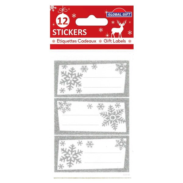 12 étiquettes adhésives de Noël - Flocons argentés à paillettes