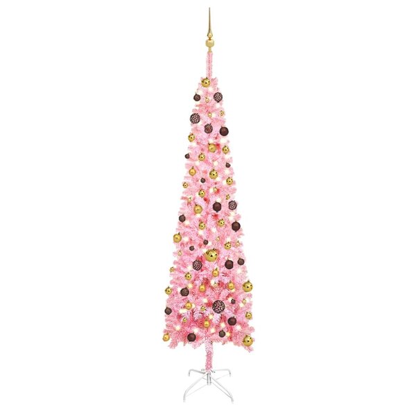 Vidaxl arbre de noël mince avec led et boules rose 240 cm