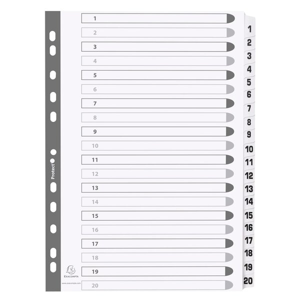 Intercalaires Imprimés À Touches Plastifiées - 20 Touches 1 À 20 - A4 - Blanc - X 15 - Exacompta
