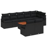 Ensemble de Canapé de Jardin 9 Pièces avec Coussins en Rotin Noir Poly Acacia