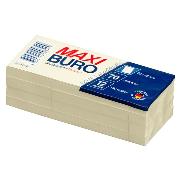 Bloc 100 notes repositionnables jaunes format 50 x 40 mm - maxiburo - lot de 12