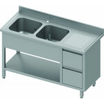 Plonge inox double cuve - meuble à 2 tiroirs & etagère - 600 mm - stalgast -  - inox1500x600 x600x900mm