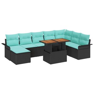 vidaXL Ensemble de canapé de jardin avec coussin 9 Pièces Noir et bleu