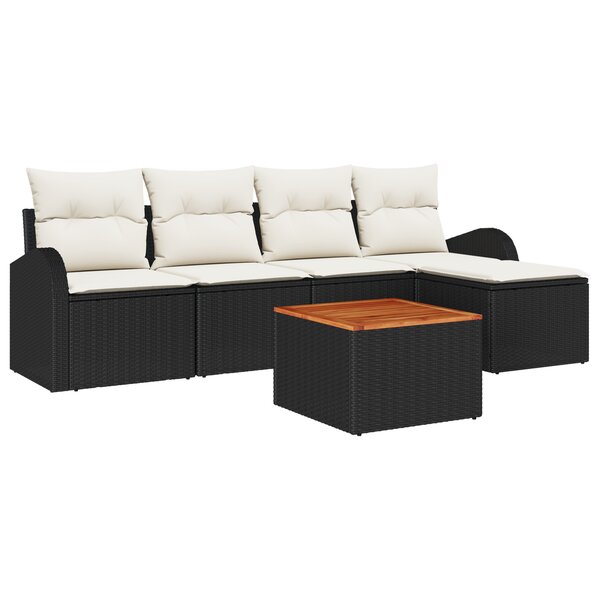 Ensemble de Canapés de Jardin 6 Pièces avec Coussins Noir Rattan Poly Acacia
