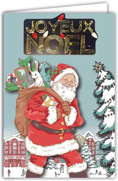 Carte joyeux père noël collage texte en relief 3d en or doré avec enveloppe