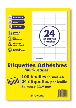 100 planches de 24 = 2 400 étiquettes autocollantes papier adhésif blanc  - 63,5 x 33,9 mm - Compatible Montimbreenligne ou FBA AMAZON