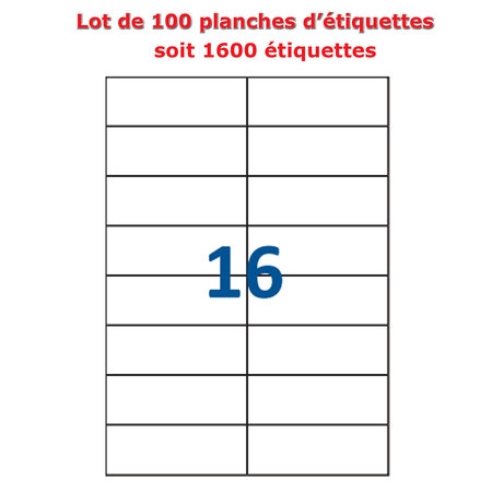 Lot de 100 Planches étiquettes autocollantes blanches sur feuille A4 : 105 x 37 mm (16 étiquettes)