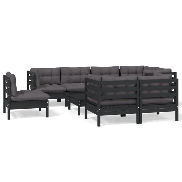 vidaXL Salon de jardin 9 Pièces avec coussins Noir Bois de pin massif