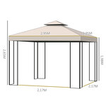 Tonnelle barnum style colonial double toit toiles latérales amovibles 2 95L x 2 95l x 2 65H m beige noir