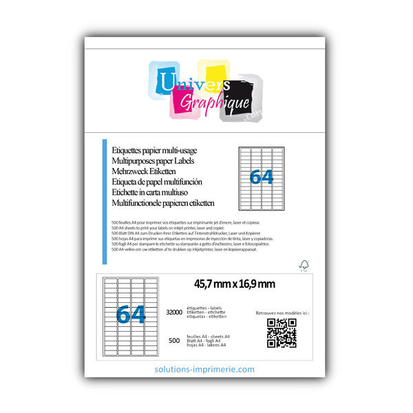 Lot de 500 planches a4 de 64 étiquettes à bords ronds 45 7 x 16 9 mm en papier blanc 70g/m² multifonction