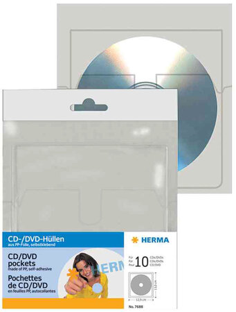 Etui de 10 Pochettes autocollantes pour 1 CD/DVD en Polypro Transparent HERMA