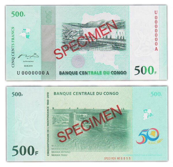 Billet de collection 500 francs 2010 congo - neuf - p100 - specimen