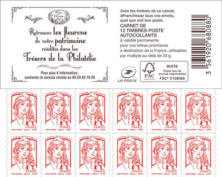 Carnet de 12 timbres Marianne - Rouge - Couverture Trésors de la philatélie