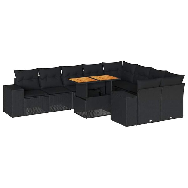 vidaXL Salon de jardin 10 Pièces avec coussins noir résine tressée acacia