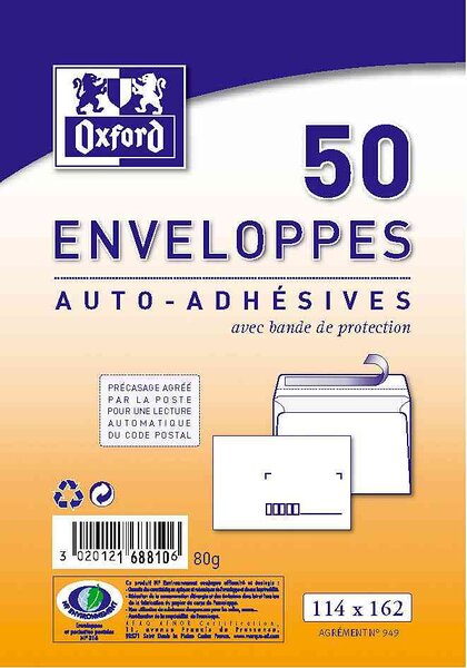 50 enveloppes précasées  C6  blanche  114 x 162 mm  sans fenêtre OXFORD