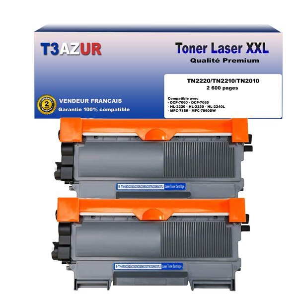 2 Toners  compatibles avec  Brother TN2220  TN2010 pour Brother DCP7055  DCP7055W  DCP7057  DCP7060D  DCP7065DN  DCP7070DW - 2600 pages - T3AZUR