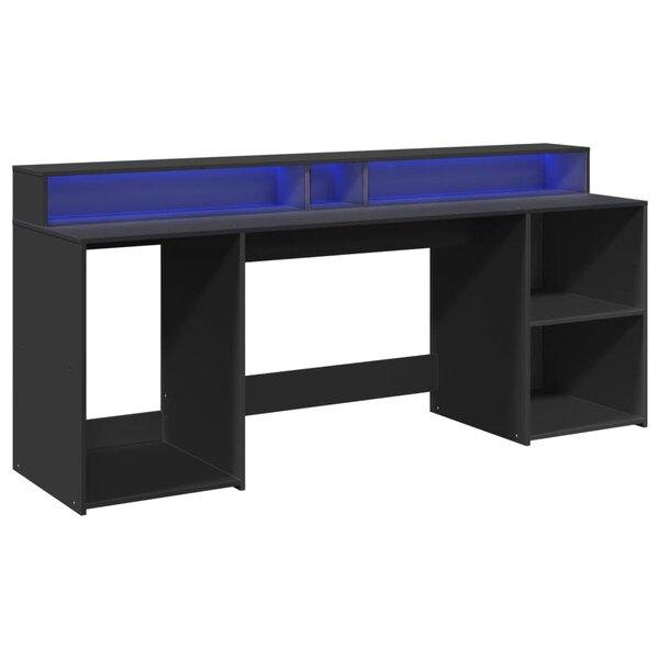Bureau table poste de travail meuble d'ordinateur informatique étude avec lumières LED 200 x 55 x 91 cm bois d'ingénierie noir 02_0023433