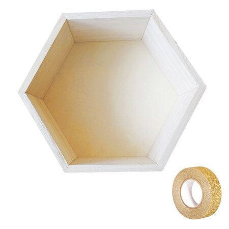 Etagère hexagone bois 24 x 21 x 10 cm + masking tape doré à paillettes 5 m
