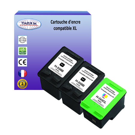 2+1 Cartouches compatibles avec HP OfficeJet 7208, 7210, 7210v, 7210xi, 7213, 7215, 7218, 7300, 7310, 7310xi, 7313 remplace HP 338, HP343- T3AZUR