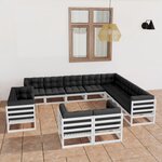 vidaXL Salon de jardin 12 Pièces avec coussins Blanc Bois de pin massif