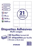 20 planches a4 - 21 étiquettes 70 mm x 42,3 mm autocollantes blanche par planche pour tous types imprimantes - jet d'encre/laser/photocopieuse