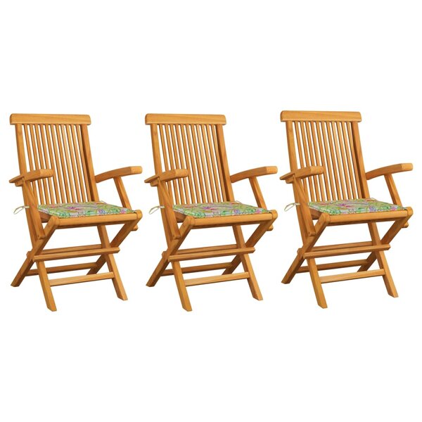 vidaXL Chaises de jardin et coussins motif à feuilles 3Pièces Teck massif