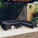 vidaXL Salon de jardin 12 Pièces avec coussins Noir Bois de pin solide